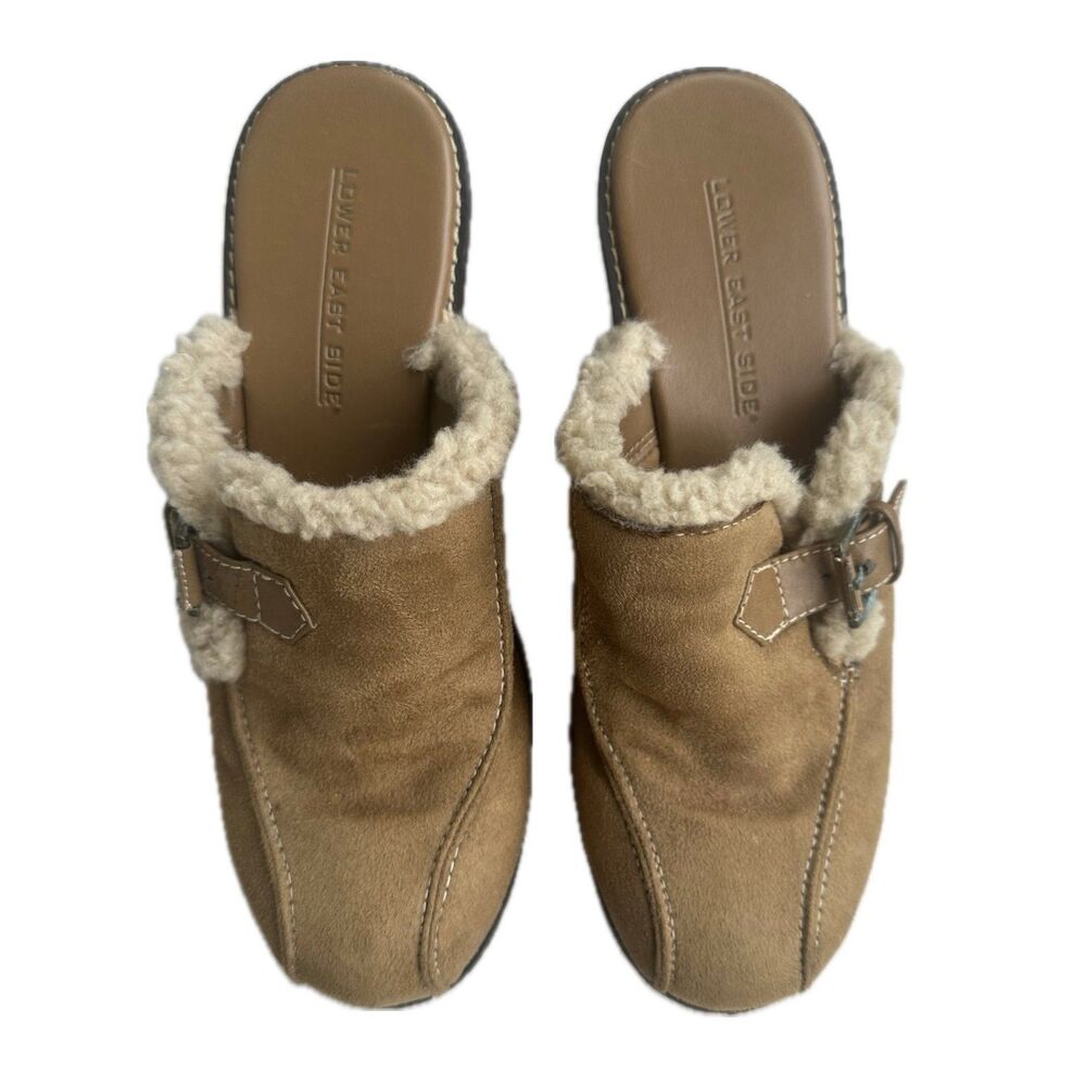 Lower East Side Women's Y2K 90s Suede Leather Sherpa Trim Wedge Mule Clogs 7.5